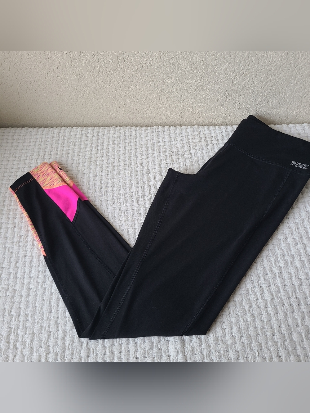#38 PINK Victoria's Secret Black Leggings Hot Pink & Coral Side Panel Size S